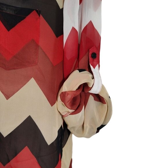 Takara Red Tan Black Shirt Blouse Women Size M Roll Tab Sleeve Chevron Print - Picture 3 of 10